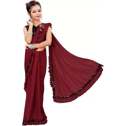 Dhyey Girls Ruffle Saree + Velvet Blouse
