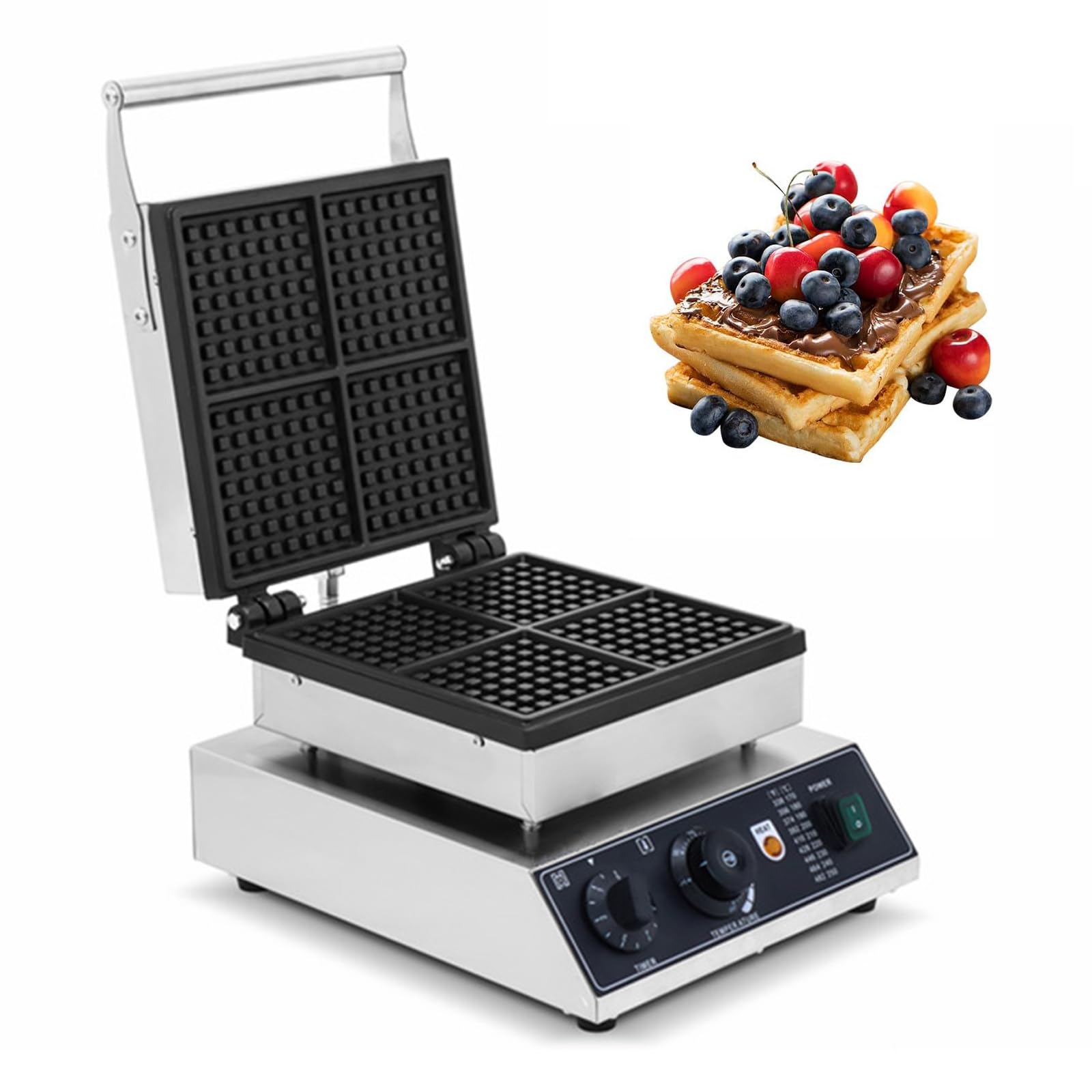 Gofrera Eléctrico De 4 Gofres, Waffle Maker con Control De Temperatura Y Tiempo, MáQuina Antiadherente para Hacer Gofres Belgas para Desayuno,Panadería,Restaurante,Barra De Refrigerios