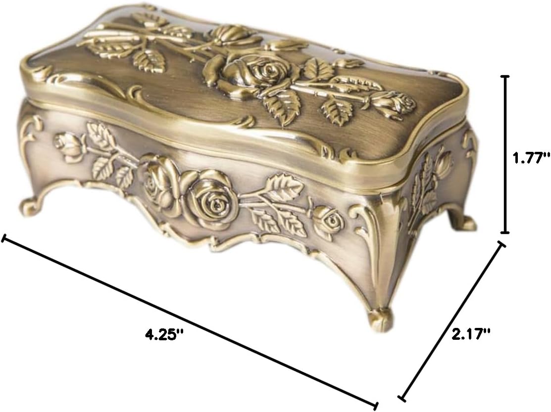 Vintage Metal Jewelry Box Rectangle Trinket Box Organizer Decorative Chest Ring Box Keepsake Gift Trinket Storage Box (Bronze color)