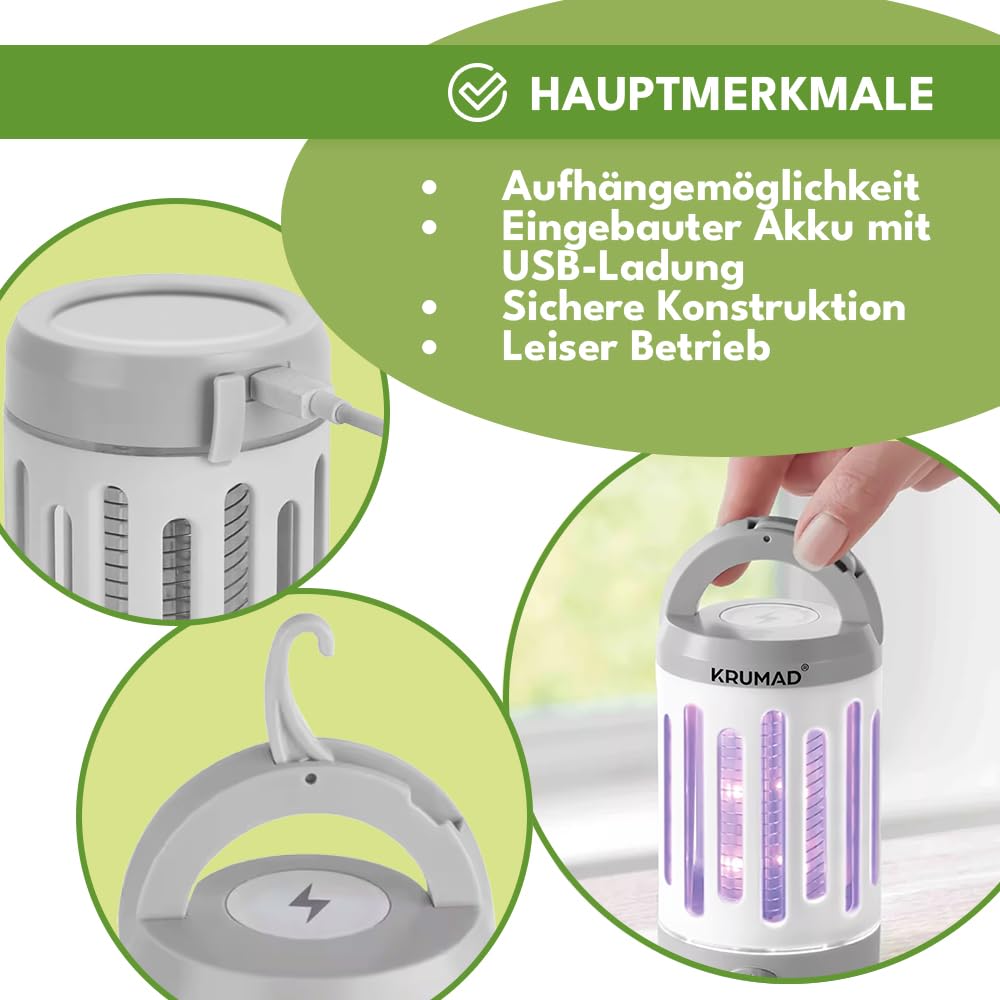 KRUMAD Lampa owadobójcza UV LED 5W, przenośna bezprzewodowa z akumulatorem i ładowaniem USB, lampa na komary i muchy do domu i na zewnątrz, pułapka elektryczna na owady