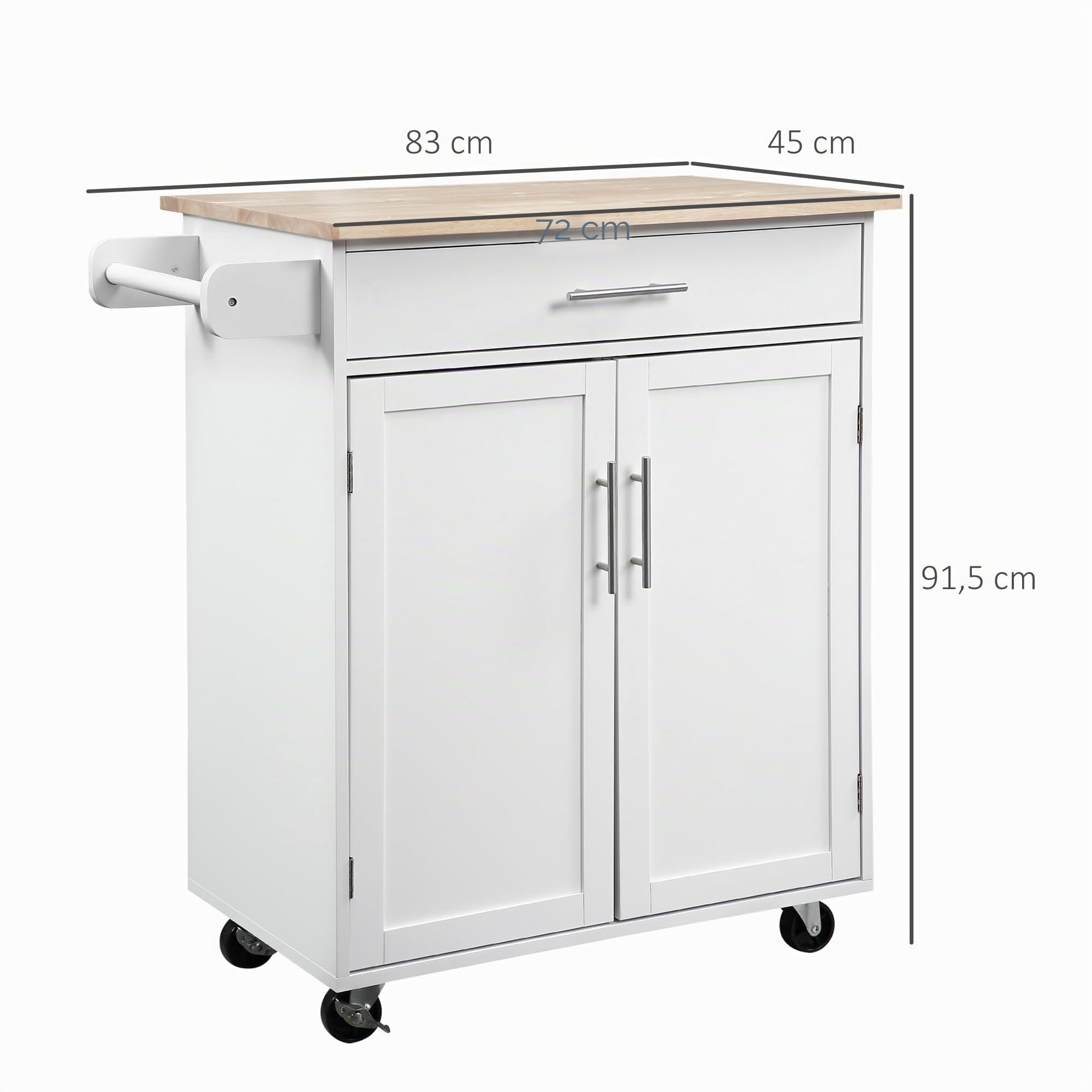 HOMCOM - Postre de cocina con ruedas, 83 x 45 x 91,5 cm, color blanco | Carro de Servicio, Isla de Cocina, Cajón de Armario Portapaños