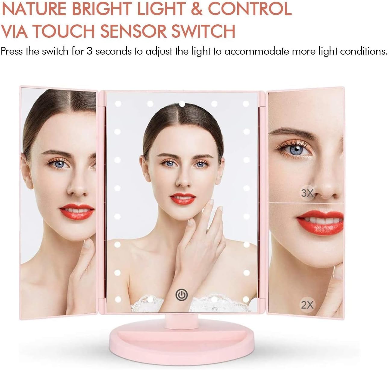 Tri-fold Lighted Vanity Makeup Mirror with 3x/2x Magnification,21 LED Lights and Touch Screen,180 Degrees Free Rotation Countertop Cosmetic Mirror,Travel(Pink) - Image 3