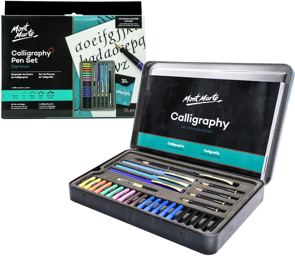 Calligraphy Set, 32 Piece. Includes Calligraphy Pens, Calligraphy Nibs, Ink Cartridges, Introduction Booklet and Exercise Booklet, Packaging May Vary