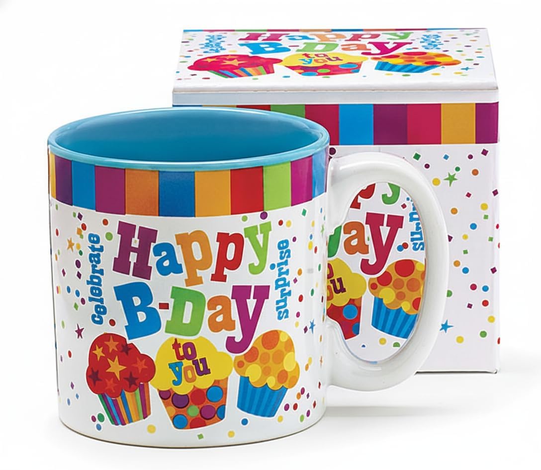 burton + Burton Festive "Happy Birthday To You" Ceramic Coffee Mug, 13 oz Cupcake & Polka Dot Design with Blue Interior, Includes Printed Gift Box