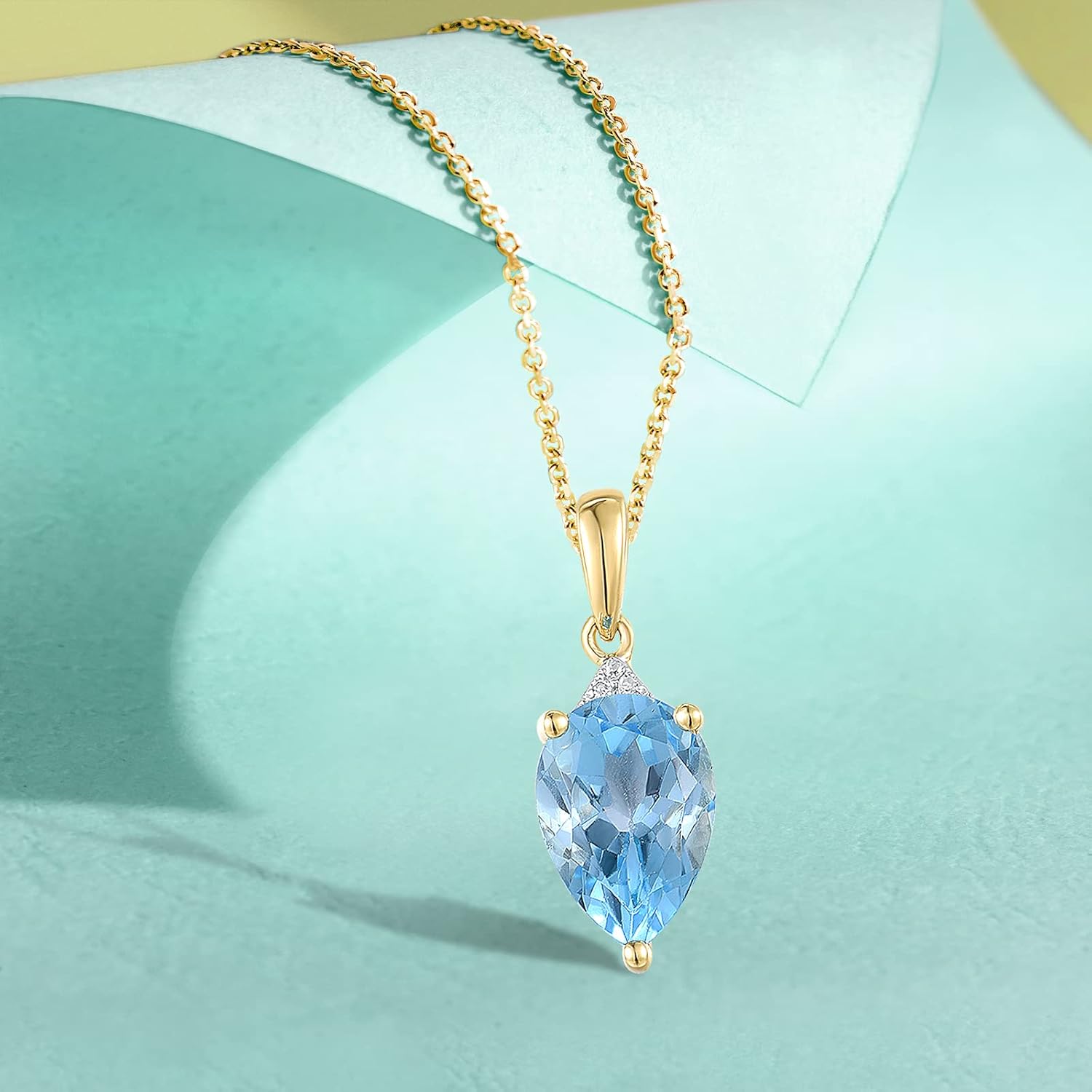 Santuzza 10K White Solid Gold Solitaire Pear Shape Swiss Blue Topaz Genuine Diamond Dainty Pendant Without Chain for Women - Image 3