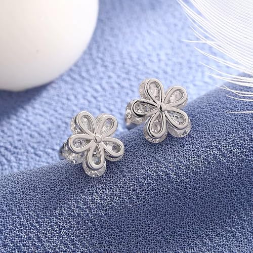 Silver Flower Stud Earrings for Women, White Gold Plated Cubic Zirconia Floral Earrings, Hypoallergenic CZ Flower Studs for Sensitive Ears, Dainty Jewelry for Wedding Birthday Anniversary - Image 5