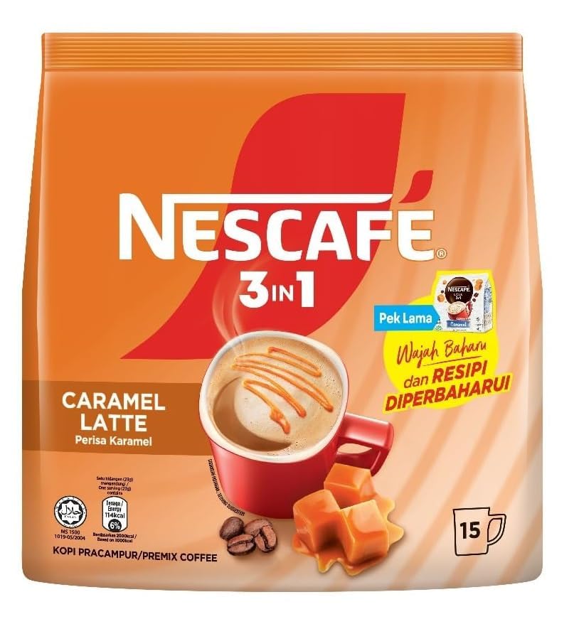 DECADENT FOODS NESCAFE 3-in-1 Caramel Latte Instant Coffee Mix, Each 23g X 15 Sachets, Premium Coffee Blend with Caramel Flavor (Product Of Malaysia)-image-1