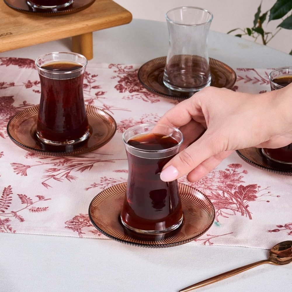 Karaca Juliet Turkish Tea Cups Set of 12, 170ml/5.74oz Turkish Tea Glasses with Brown Detail Saucers for 6 People, Ideal Glass Set for Mother's Day and Housewarming - Image 9