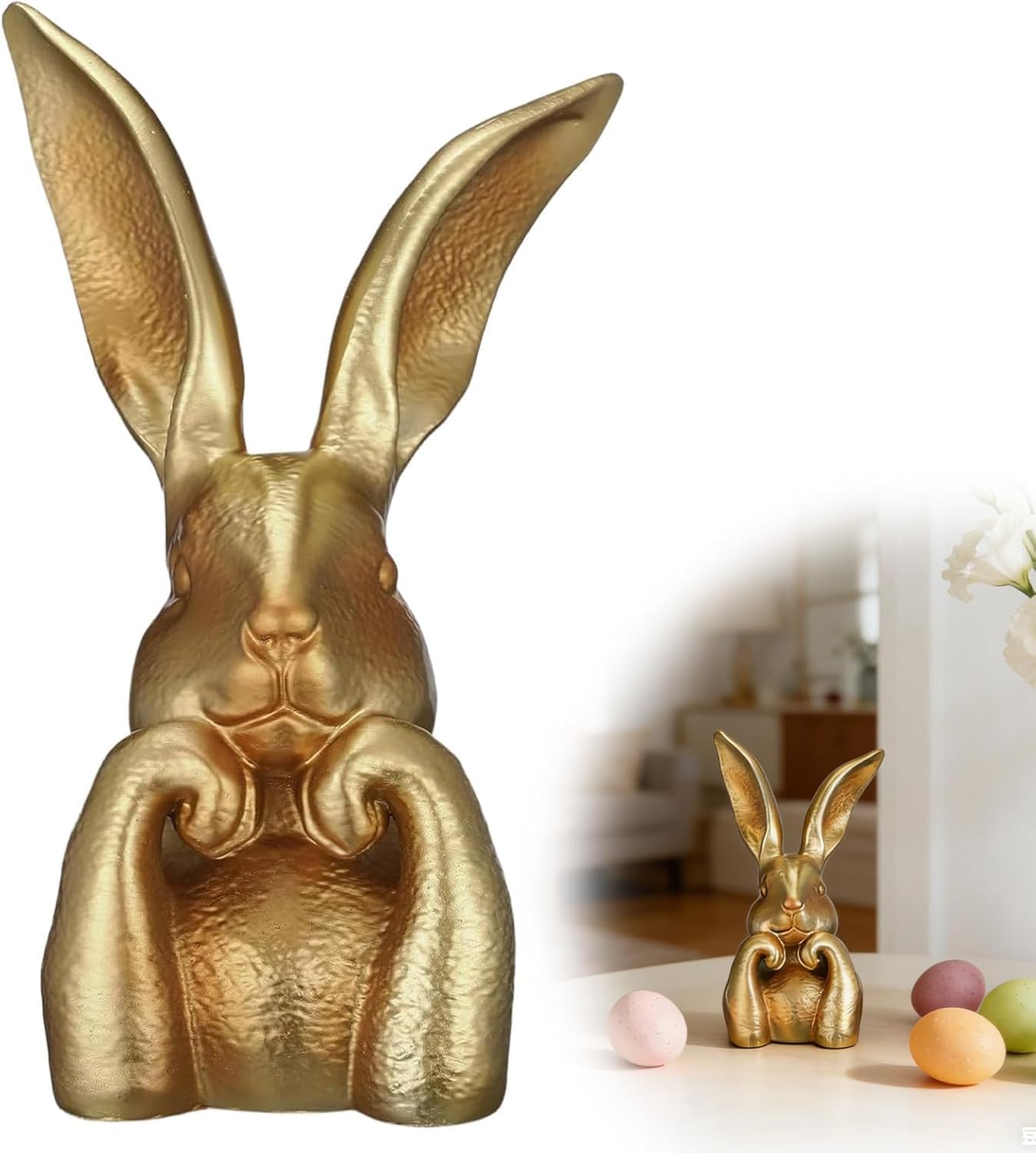 Premium Large Easter Gold Resin Bunny Table Decor, 2026 New Easter Thinking Bunny Figurine for Home Table Centerpieces Golden Cute Rabbit Statue for Spring Living Room Shelf Mantel Decorations(8.6 in)