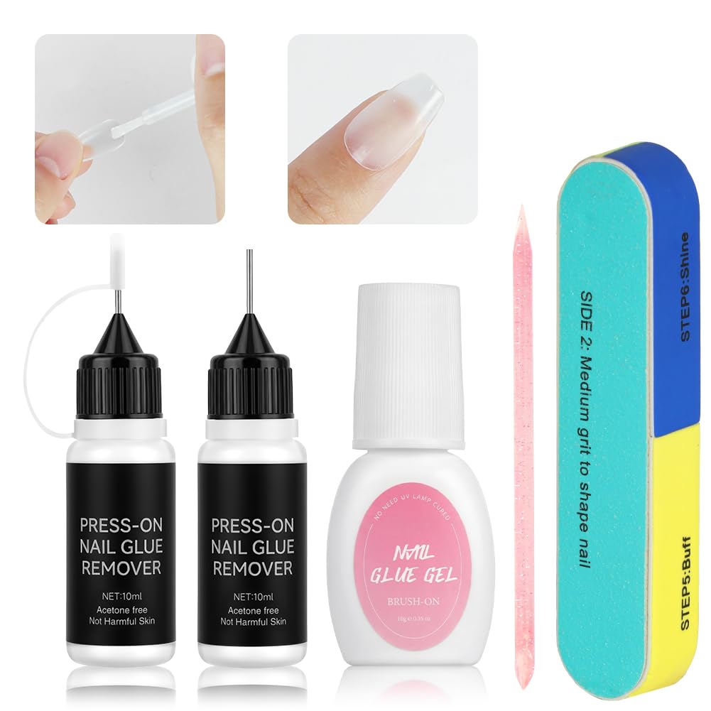 Zestaw do usuwania kleju do paznokci, 2x 10ml płynu do usuwania kleju do paznokci, 1x10ml kleju do paznokci, z pilniczką do paznokci, łatwe i szybkie usuwanie żelowego lakieru do paznokci, do