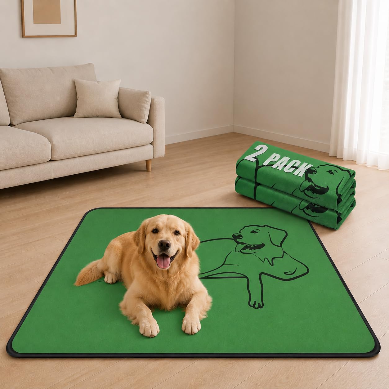 Zlune 2 Pack Washable Pee Pads for Dogs, Reusable Training Puppy pads Absorbency Non-Slip & Leak-Proof for Pet Whelping Box Playpen Crate Sofa Bed Floors (91cm × 129cm,Green)