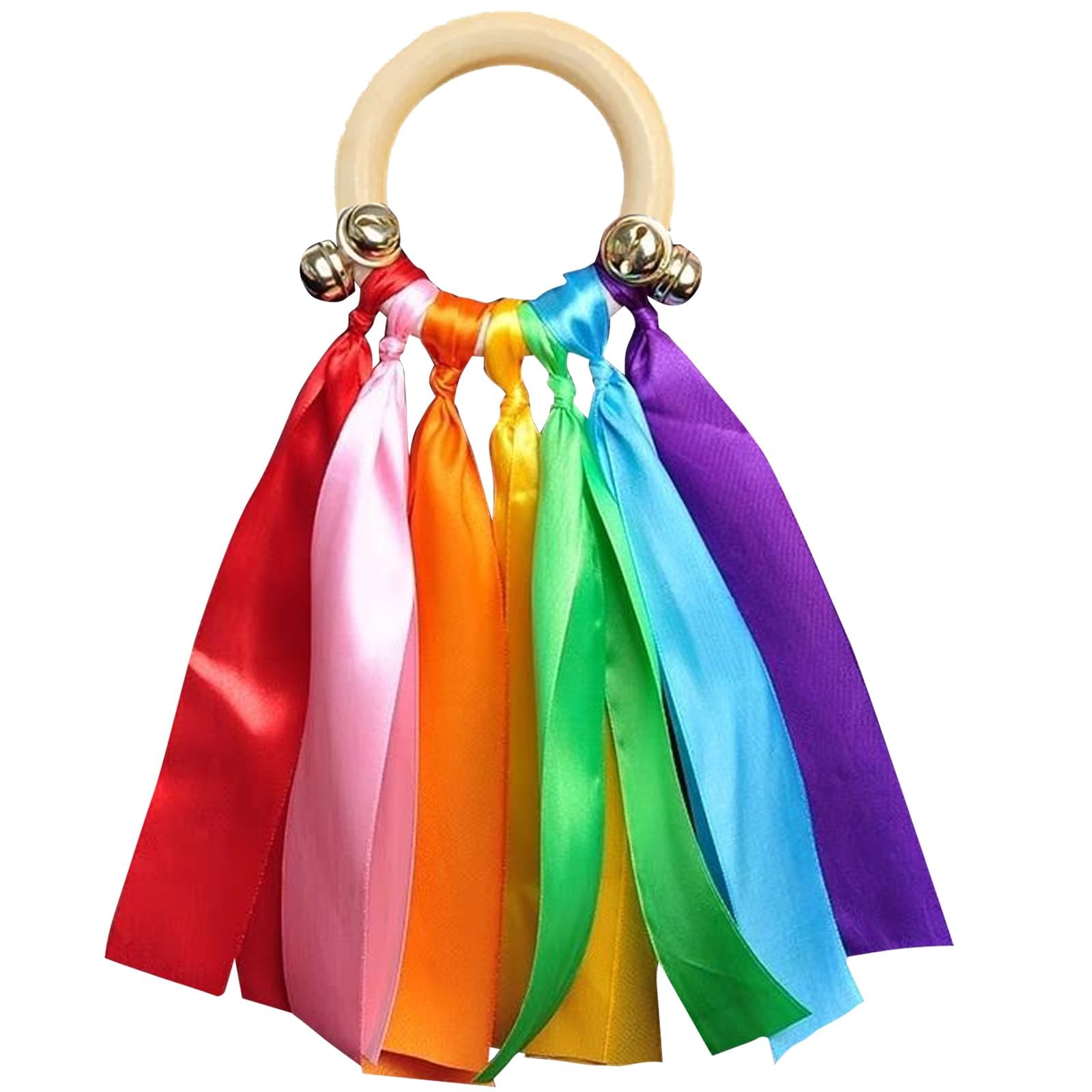 2 Pcs Sensory Wooden Ring Baby Toys, Baby Rainbow Ribbon Toy with Rattle, Multifunctional Sensory Wooden Ring Babys
