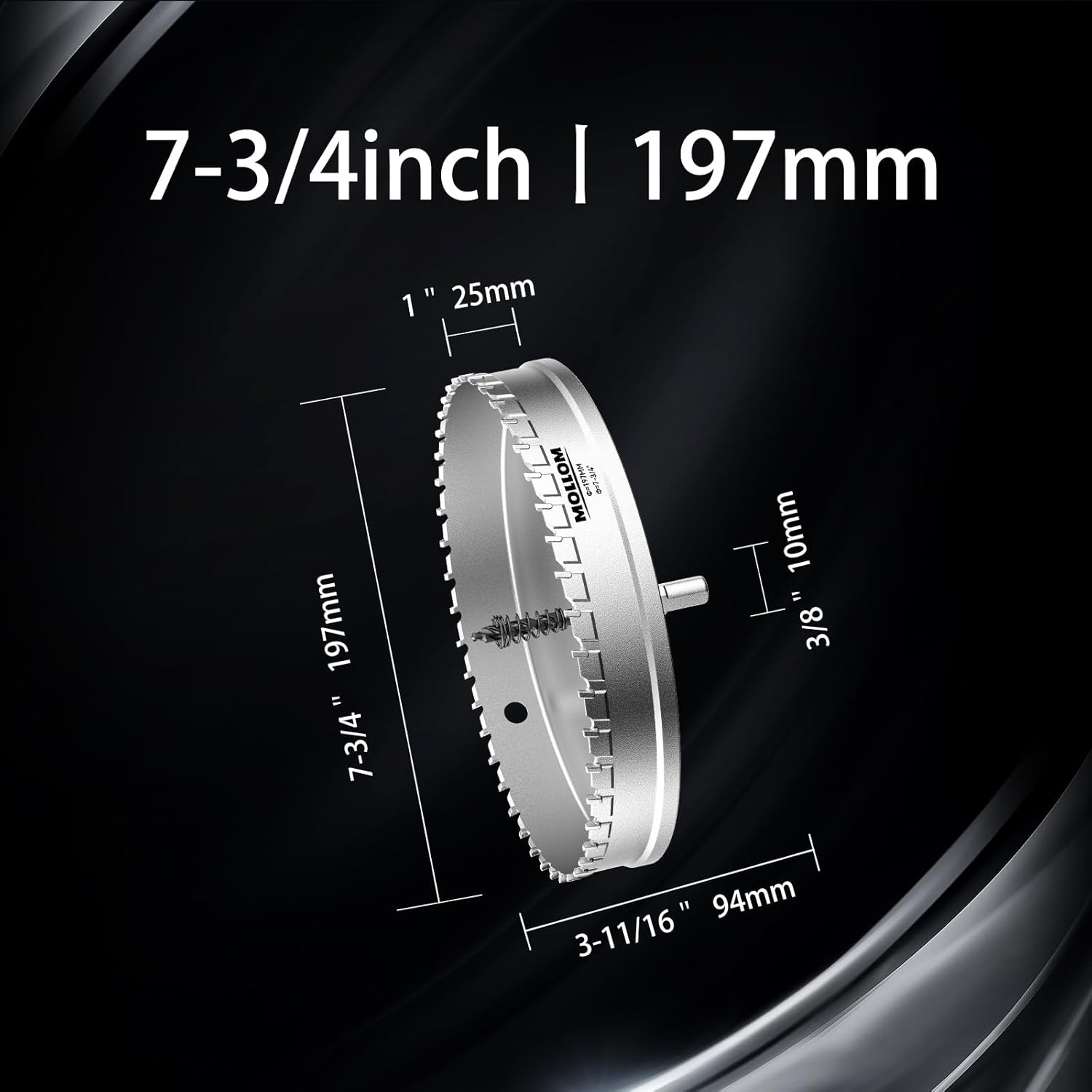 Mollom (7-3/4''|197mm) Heavy Duty Carbide Hole Saw with 2 Pilot Drill Bits, Hole Cutter cuts Stainless Steel, mild Steel, Iron, Copper, Brass, Plastic