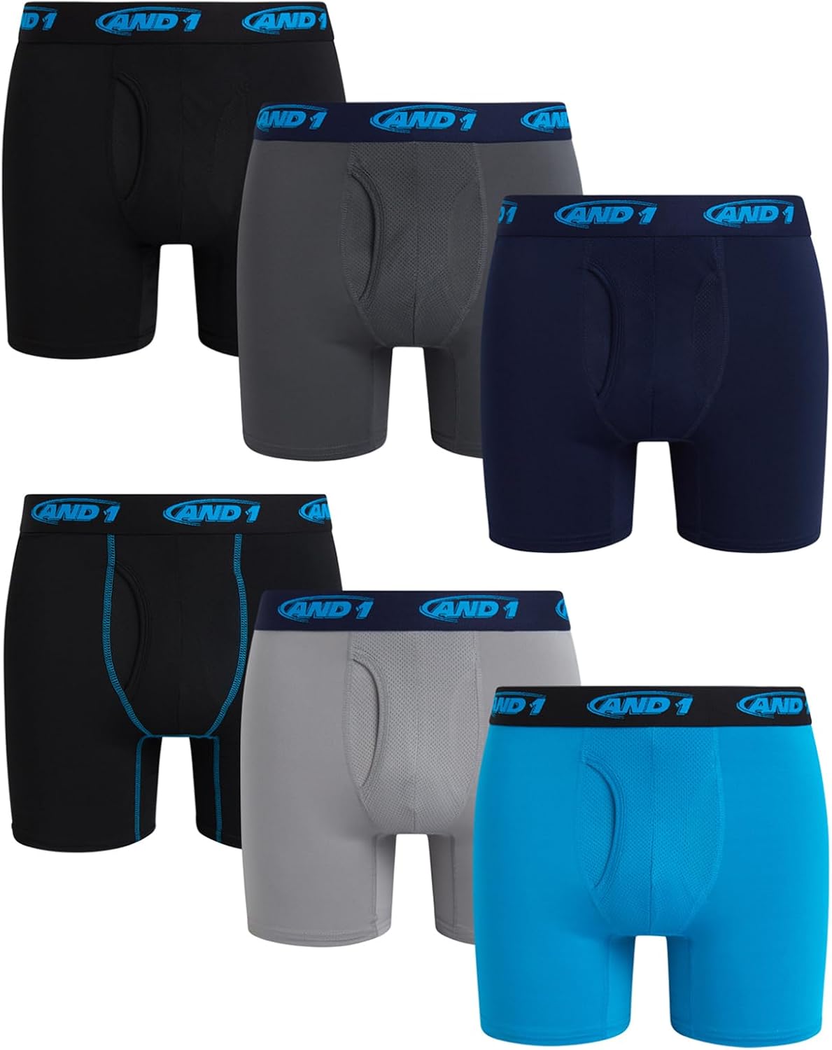 AND1 Mens Boxer Briefs - 6 Pack Platinum Performance Mens Boxers with Fly Pouch - Underwear Boxers for Men, 6" Inseam