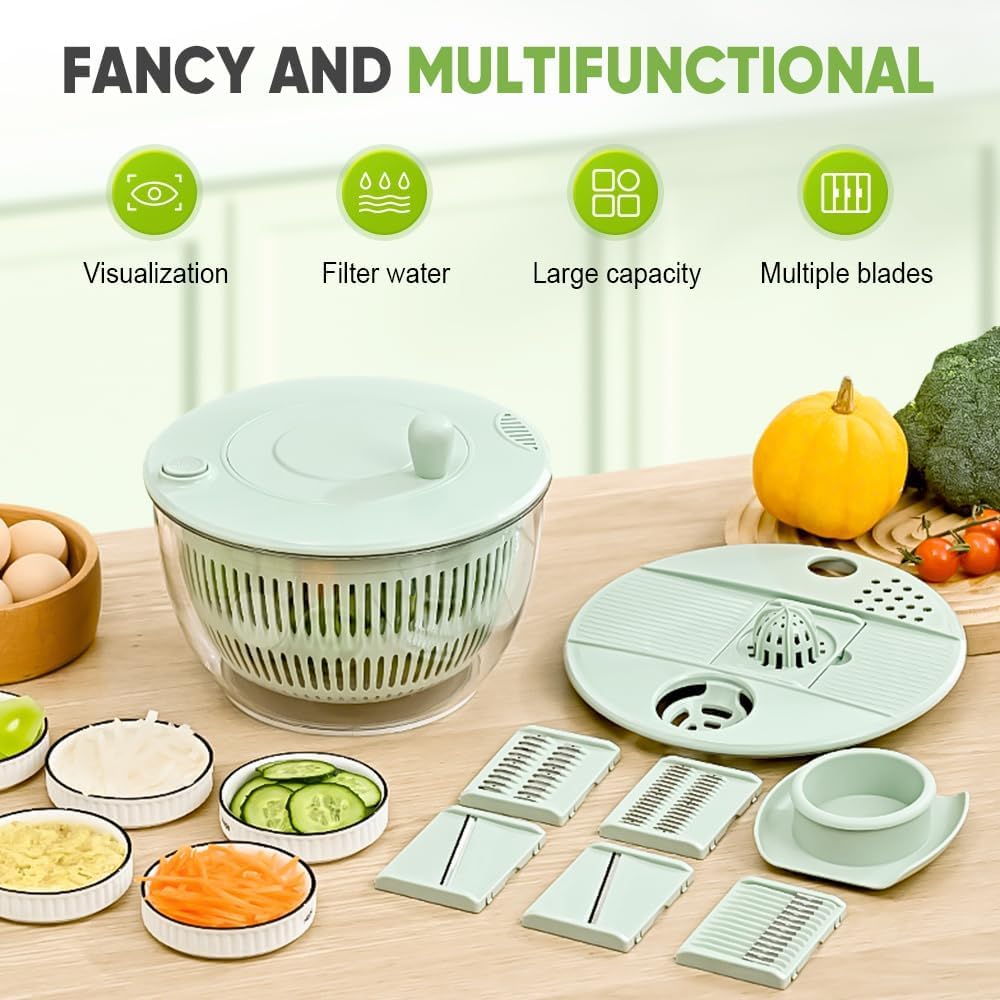 All-in-One Salad Spinner & Vegetable Chopper, Large 5.3Qt Lettuce Spinner Dryer with 5 Blades Slicer Shredder, Multifunctional Vegetable Cutter Fruit Washer Bowl for Kitchen Prep (Green)