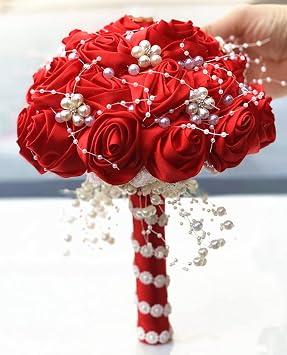 Sharebeauty 7.1 Handmade Satin Rose Bridal Bouquet Toss Round Wedding Bouquet Throw Toss Artificial Flower Bunch Red