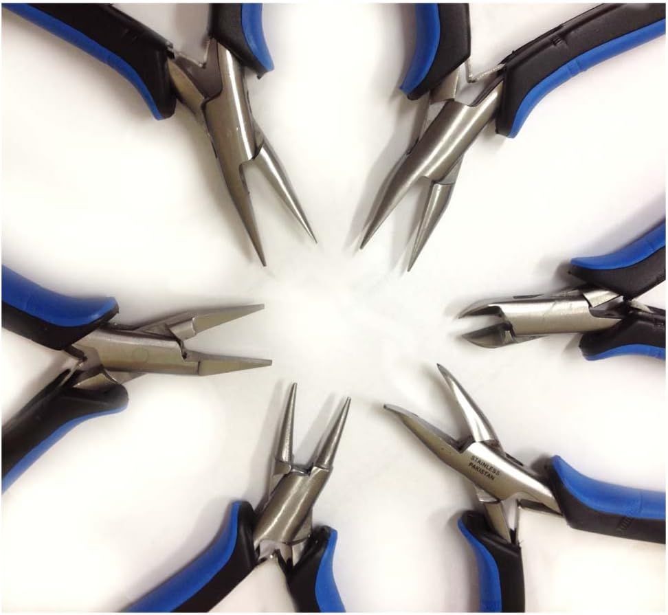 JEWEL TOOL Precision 6-Piece Set: Chain, Long, Side Cutter, Bent, Flat & Round Pliers | Stainless Steel | 4.5-5.25 (11.4 cm-13.3 cm) Range | Ergonomic Dual Handles