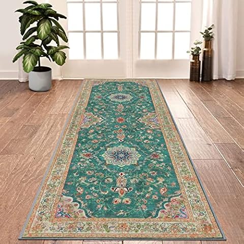 Enyhom Vintage Floral Runner Rug Bohomian Style Carpet Runner Decorative Shaggy Soft Area Rug Classic Anti Fatigue Kitchen Floor Mat for Lining Room Hallway Laundry Room Entrance (60 x 180 cm, Green) Cover