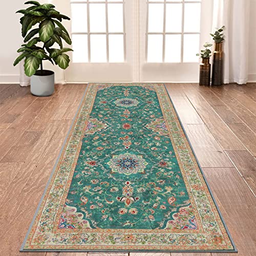 Enyhom Tapis de Couloir Classique au Design Floral de Qualité Supérieure Antidérapant Lavable Moelleux Doux élégant Bohème pour Chambre à Coucher Intérieur Salon (60 x 180 cm, Vert) Cover