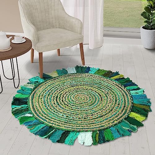GRUHUM Round Jute Chindi Cotton Area Rug 6ft Multi Collection Handwoven Boho Fringe Jute Area Rug Soft Braided for Indoor Outdoor Kitchen Bedroom Living Hallways Enterways Green/Natural