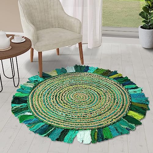 Gruhum Round Jute Chindi Cotton Area Rug 6Ft Multi Collection Handwoven Boho Fringe Jute Area Rug Soft Braided For Indoor Outdoor Kitchen Bedroom Living Hallways Enterways Green/Natural #TOP3