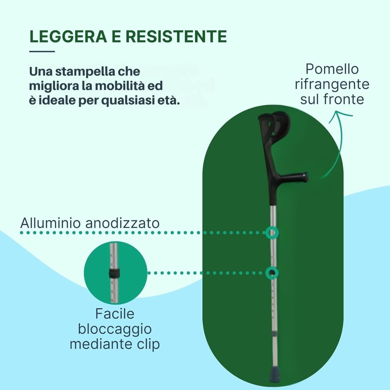 1 Stampella Ortopedica Singola Regolabile in Alluminio Anodizzato, 1 Stampella Canadese Adulto Antiscivolo, H. 74-97 cm, 1 Unità (Nero)