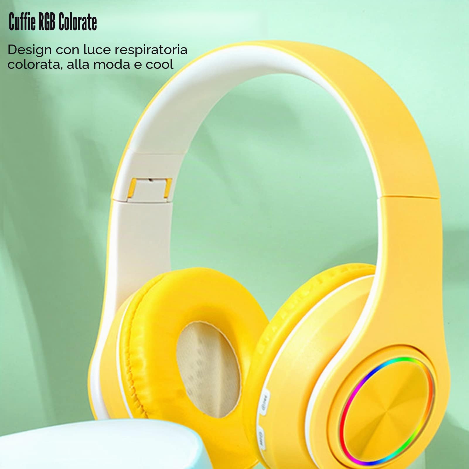 Cuffie con Cancellazione Attiva del Rumore, Cuffie Auricolari Wireless Bluetooth 5.0 Pieghevoli, Cuffie con Luce Colorata RGB, Cuffie Auricolari in Pelle PU, per Ragazzi, Ragazze(Giallo)