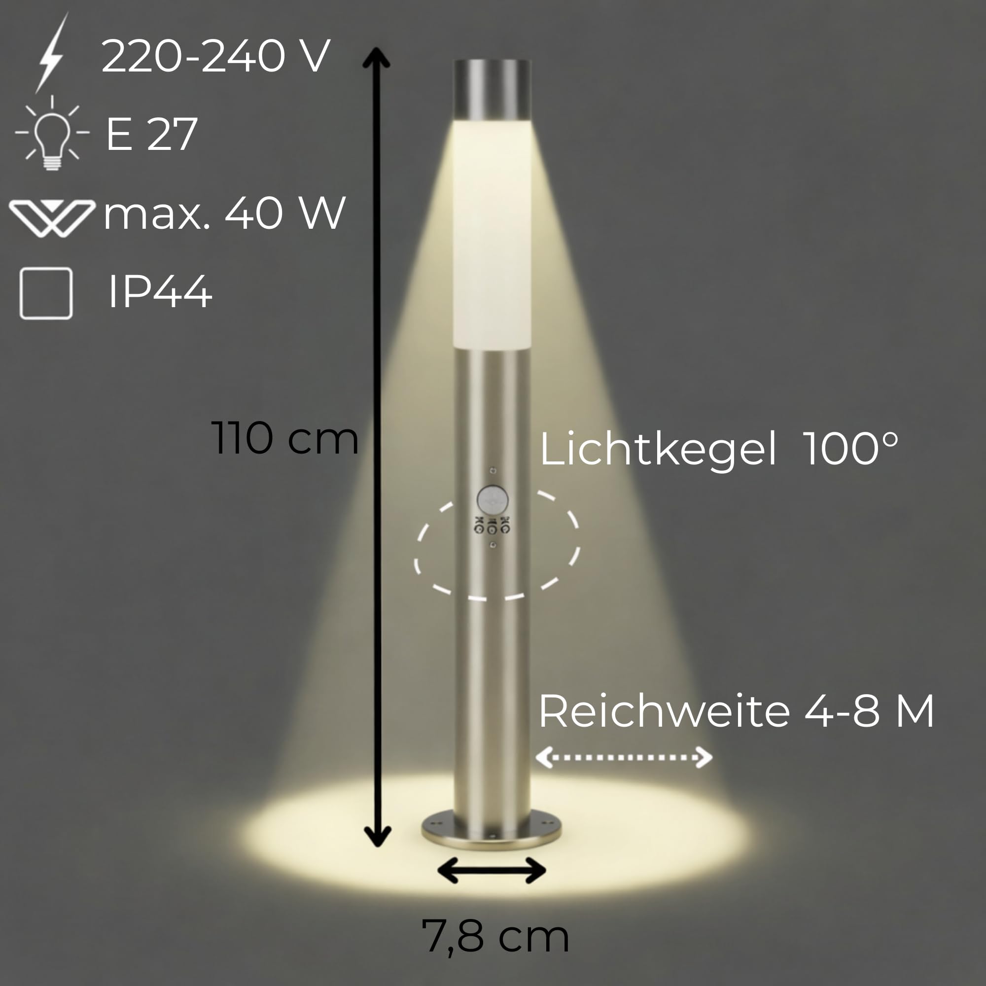 Novatool 2x Gartenlampen I 110 cm I mit Bewegungsmelder I Edelstahl I IP44 I E27 Sockel I Gartenleuchten Stehlampen Säulenlampen außen Außenlampen Aussenleuchten Sockelleuchten Pollerleuchten