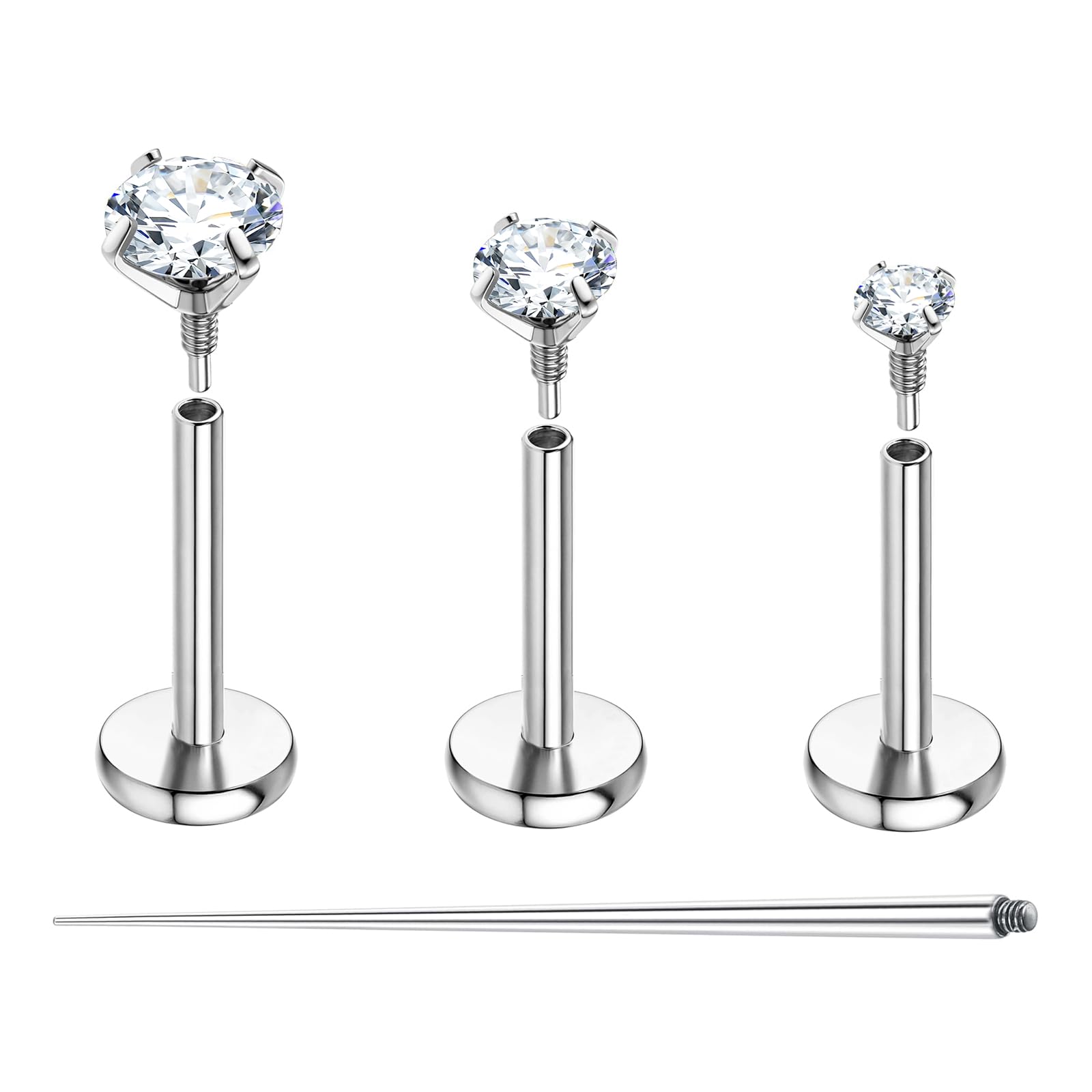 BodyAce F136 Titanium Labret Piercing Medusa Jewelry, Long Internally Threaded Tragus Earrings Stud, 16G 18G Lip Ring CZ Flat Back Nose Ashely Helix