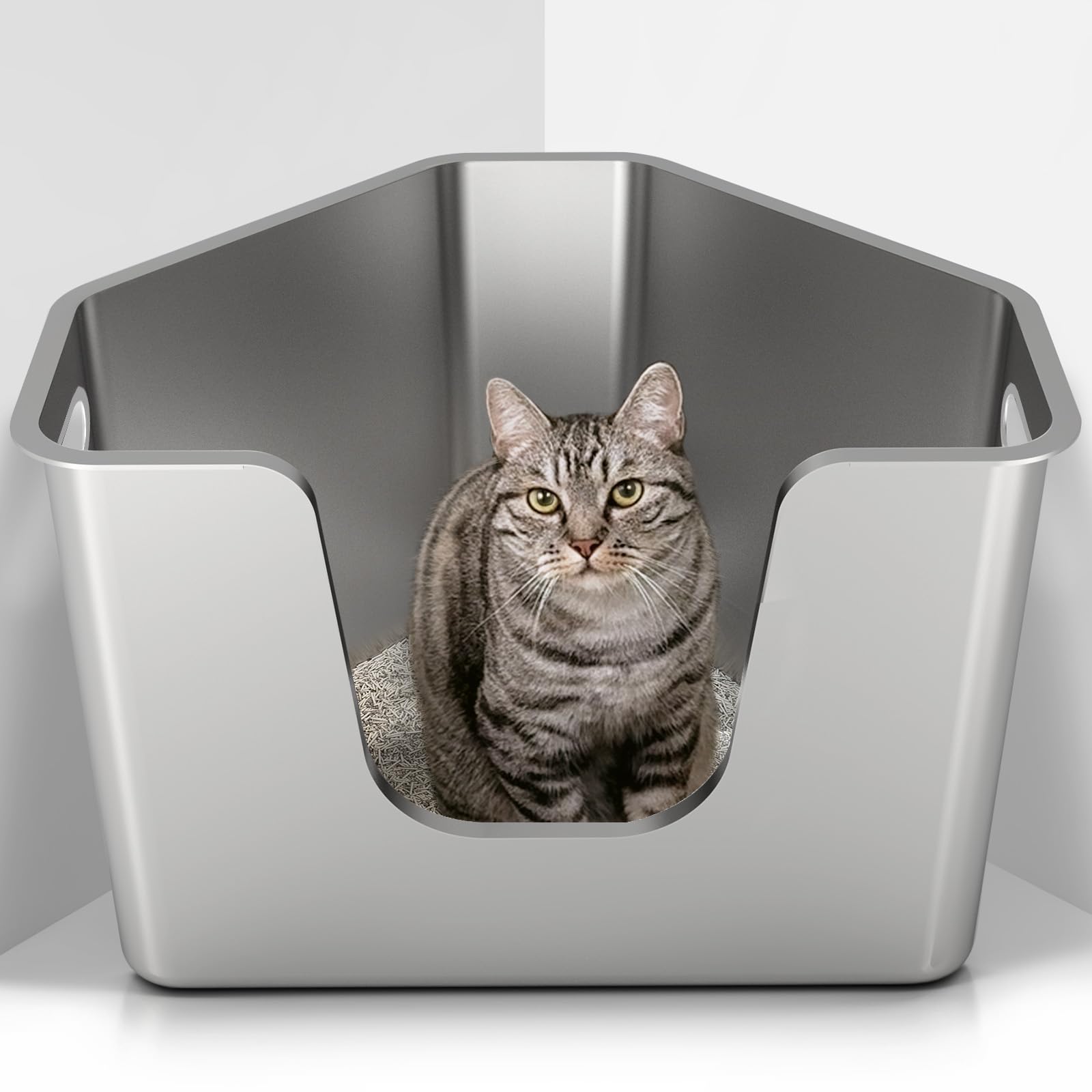 Stainless Steel Corner Cat Litter Box, Metal Litter Box with High Sided, One-Piece Corner Cat Toilet, No Assembly Required, Non-Stick, No Odor Kitten Litter Pan, Easy to Clean, for Small Medium Cats