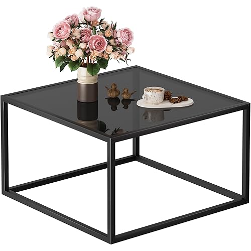 SAYGOER Black Glass Coffee Table Small Modern Coffee Tables 26.7in Square Tempered Glass-Top Accent Center Table for Living Room Home Office with Black Metal Frame Easy Assembly