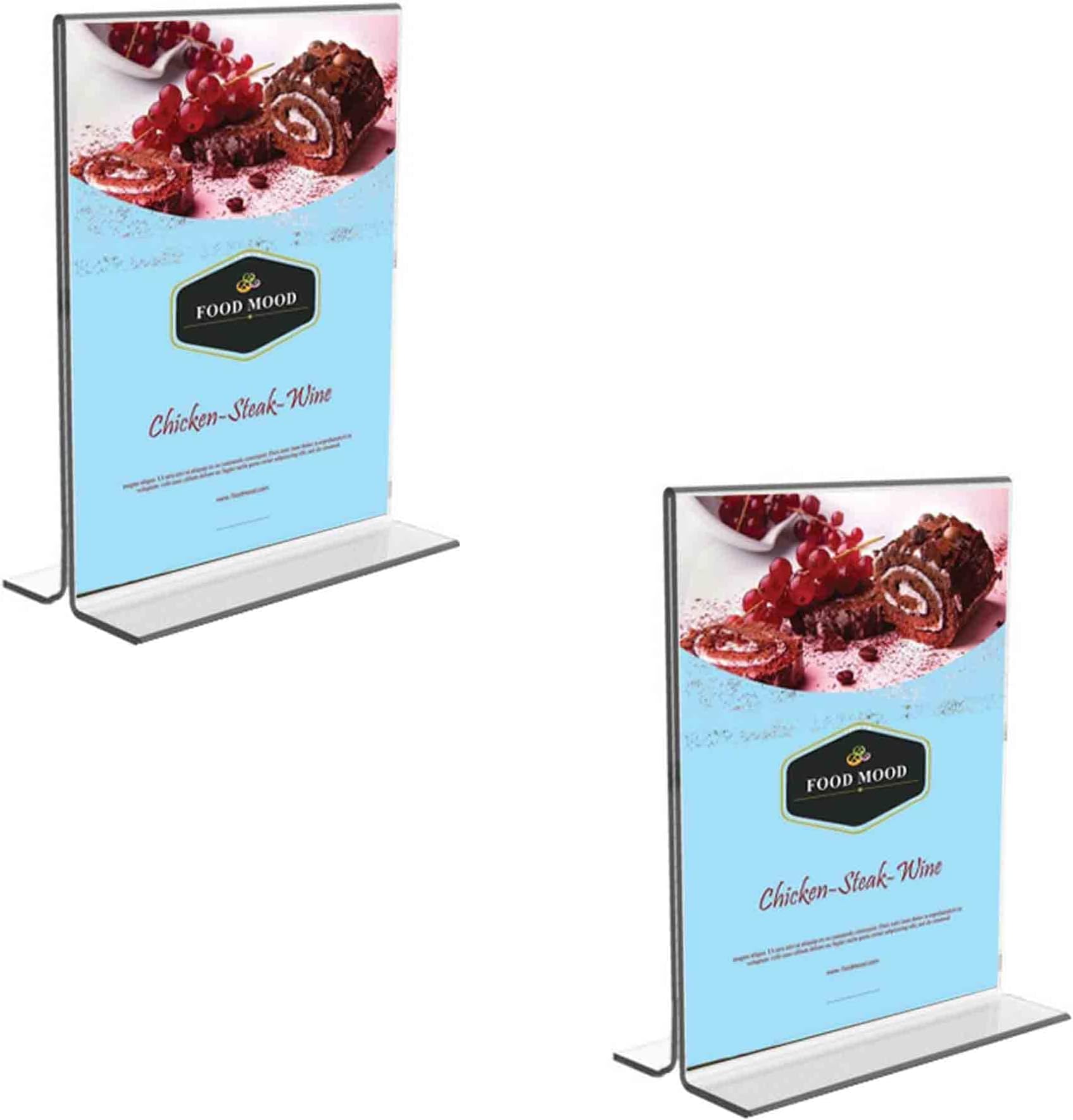 Shuban Acrylic Sign Holder Table Sign Holder Double Sided T Shape Clear Plastic Desktop Display Holder Vertical Menu Stand Sign Holders for School, Office, Hotel, Party (05 X 7 Inch -2Pcs)