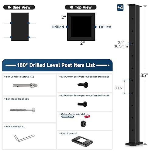 Miniatura 10 de Poste de barandilla de cable de esquina de 36 pulgadas (poste de 35 x 2 x 2 pulgadas), poste de esquina de montaje superior fijo perforado en 90 con