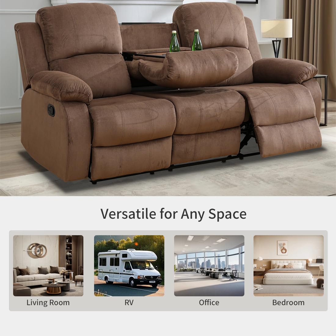 Toseslo Living Room Furniture Set, Manual Reclining Sofa Set, Brown Corduroy Recliner Couch Sets with Drop-Down Table, Recliner Sofa with Storage Console/Cup Holder for Living Room/Apartment view 6