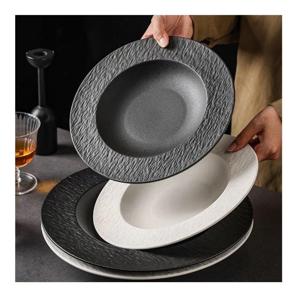 Ceramiczny Talerz Obiadowy 9,5 Cala, Czarno-Biały Talerz Słomkowy Z Kamienia, Elegancki Talerz Do Makaronu I Deserów, Idealny Na Rodzinne Posiłki(Biały-Mały)