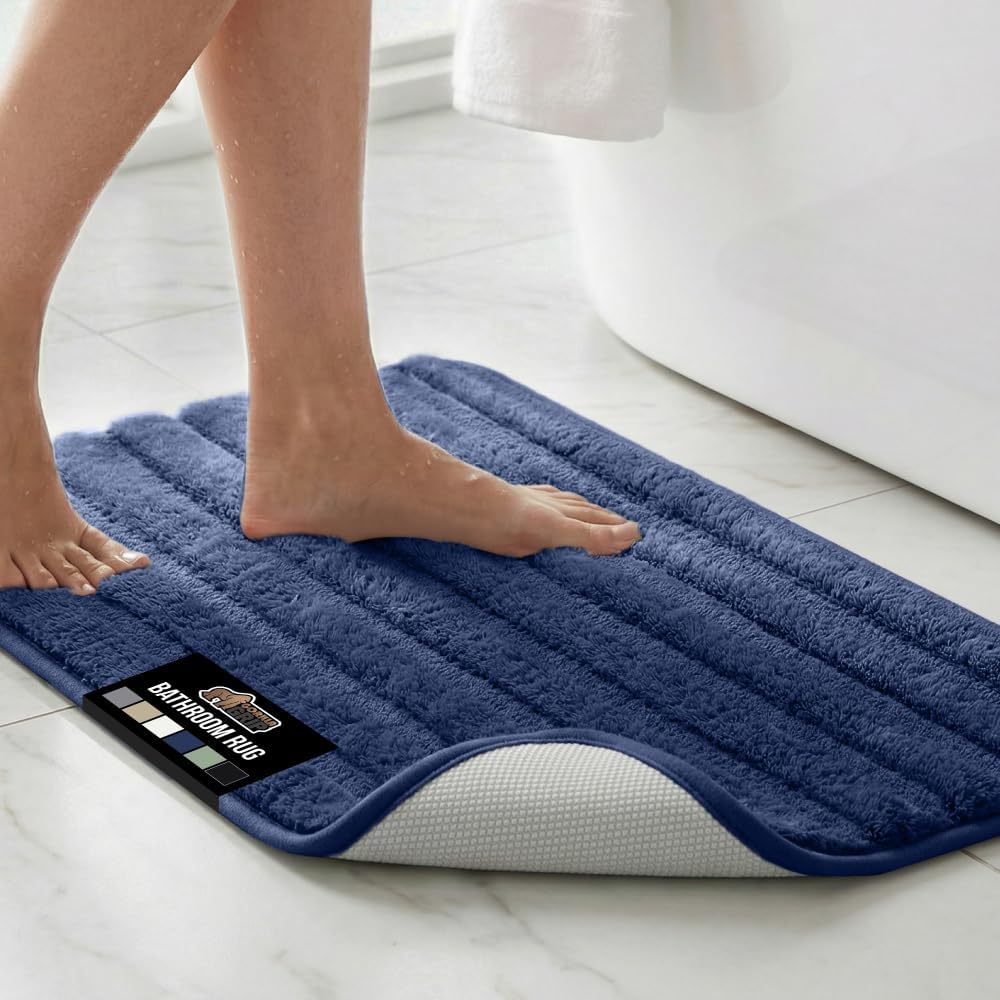 GORILLA GRIP Textured Backing Bathroom Rugs, Soft Memory Foam Absorbent Striped Bath Mats, Machine Washable & Fade Resistant, Bathmat Accessories for Floor, Home Decor Shower Essentials, Navy 30x18
