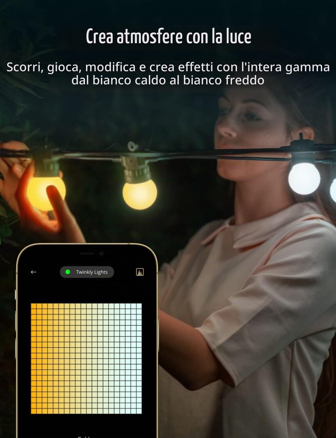Twinkly Festoon 20 LED Bianchi, Catena Luminosa con 20 Lampadine LED, Luci Esterno e Interno da Bianco Caldo a Freddo, Compatibile con Alexa, Google Home, IP44, Controllata da App, Cavo Nero, 10m