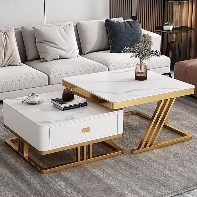 Image of Two Square Stacking Nesting Coffee Tables with Metal Frames, Wooden Tops, and Handcrafted Drawers Contemporary Centre Couch Table for Living Rooms Bedrooms, & Apartments (G Wht)