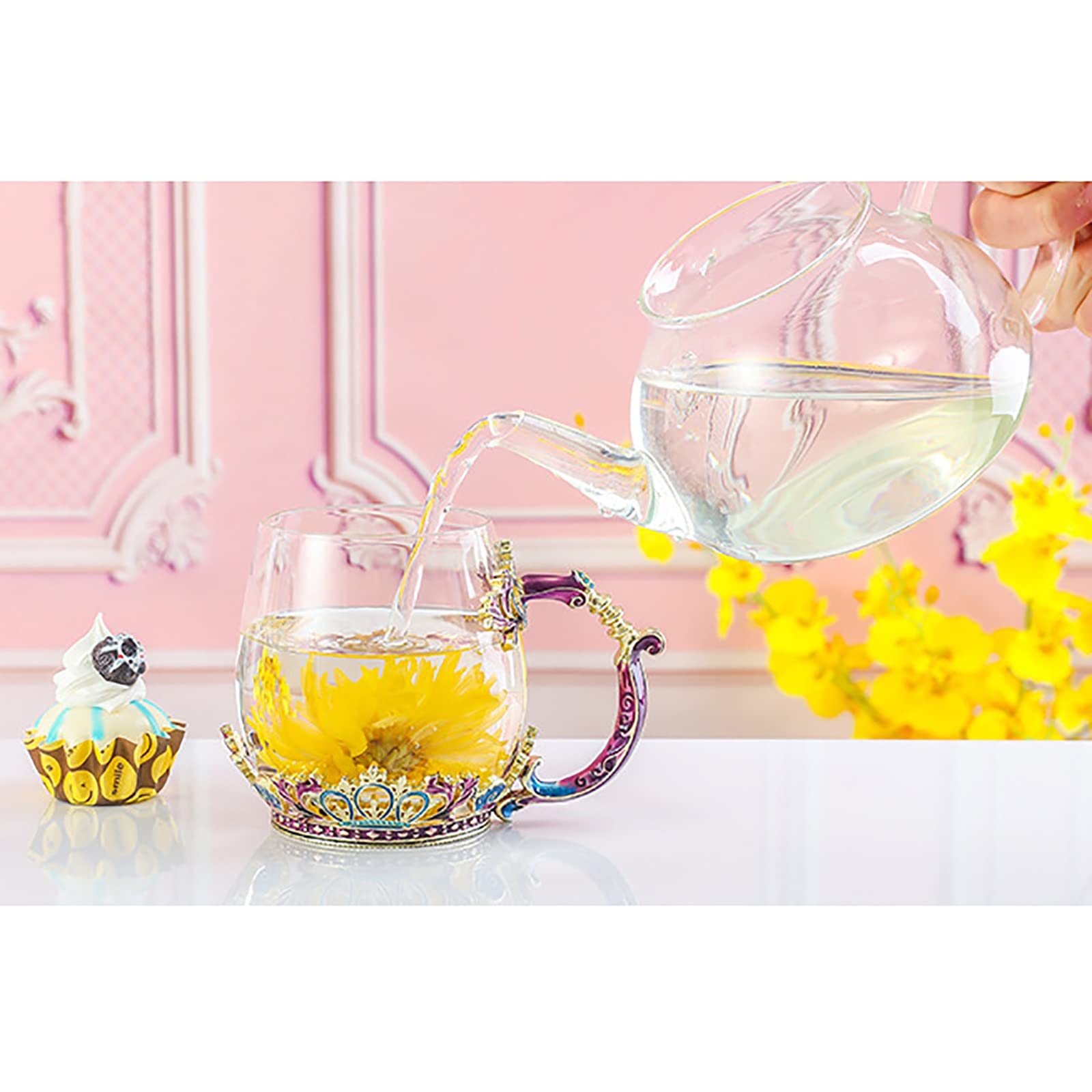 WETKOL Emaille Blume Glasbecher mit Löffel, handgefertigt bleifreie Emaille Blume Glasbecher mit exquisiten Blume Griff, für Geburtstag Weihnachten Geschenke Kristallglas Tasse