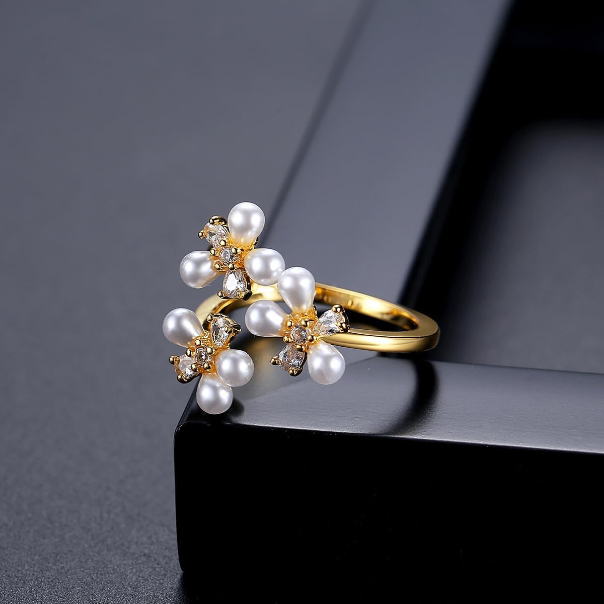 14K Gold Pearl & Moissanite Ring, Floral Open Band Unique Artisan Jewelry for Women