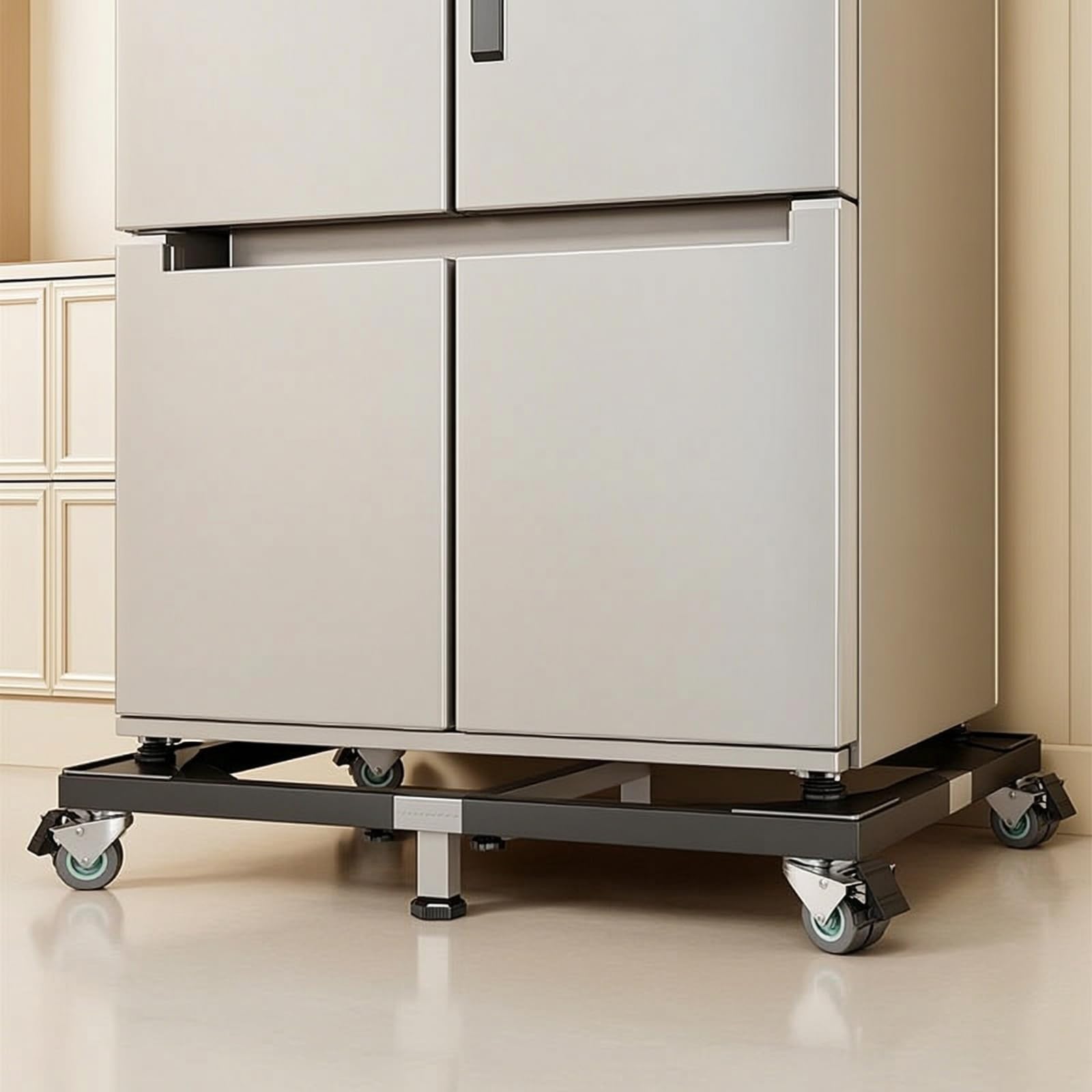 Kühlschrank Untergestell Sockel Plattform Rahmen Rollenständer aus Edelstahl mit Höhengebendem Aufbau Und Vibrationsdämpfenden Ecken für Küche Haushalt Reinigung, Schwarz