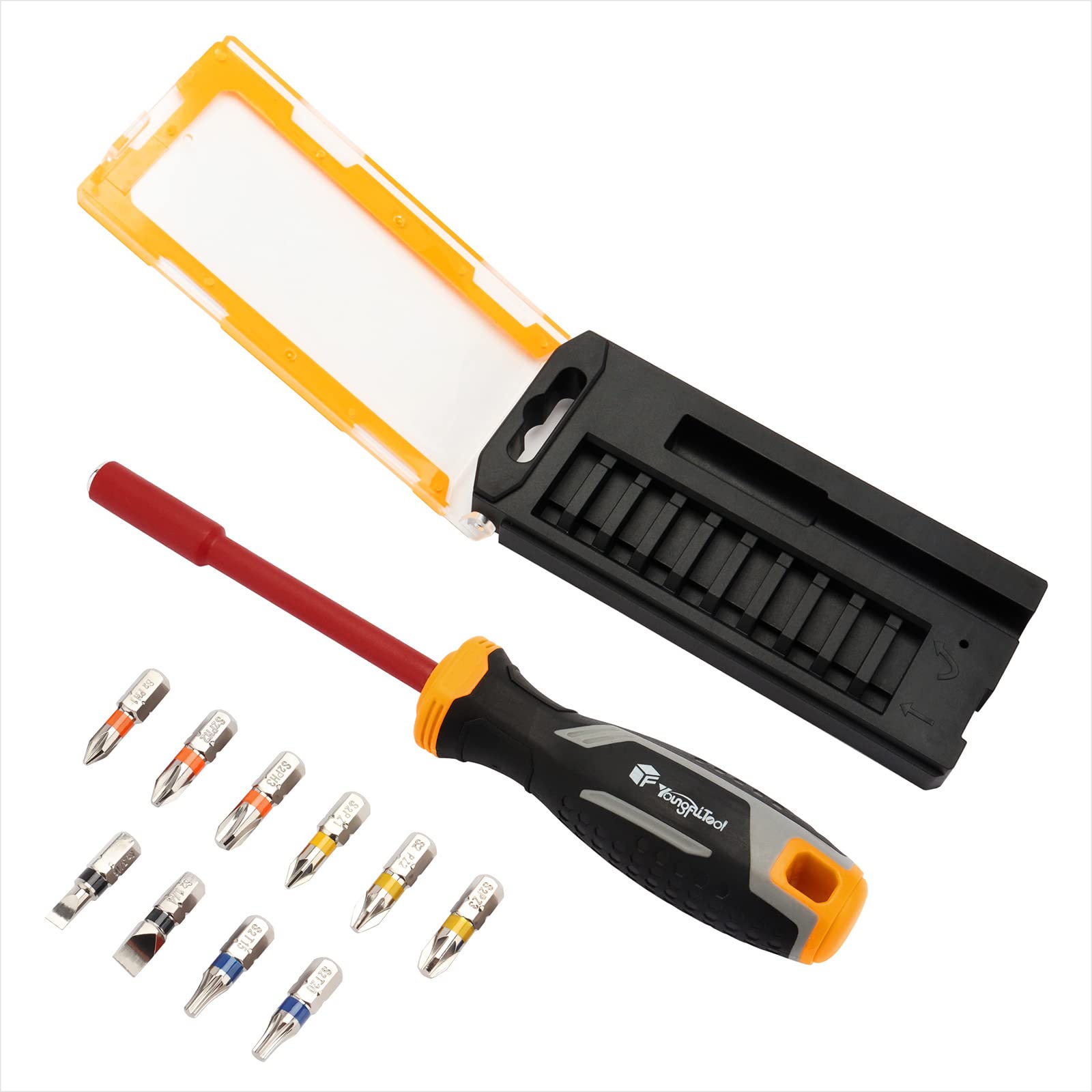 10-in-1 Screwdriver/Nutdriver Set 10 Slotted Phillip Pozi Torx Colored Bits Cushion-grip Handle Insulated Rubber-Coat Shaft Chrome Plated Bits Anti-rust Holes for Hanging