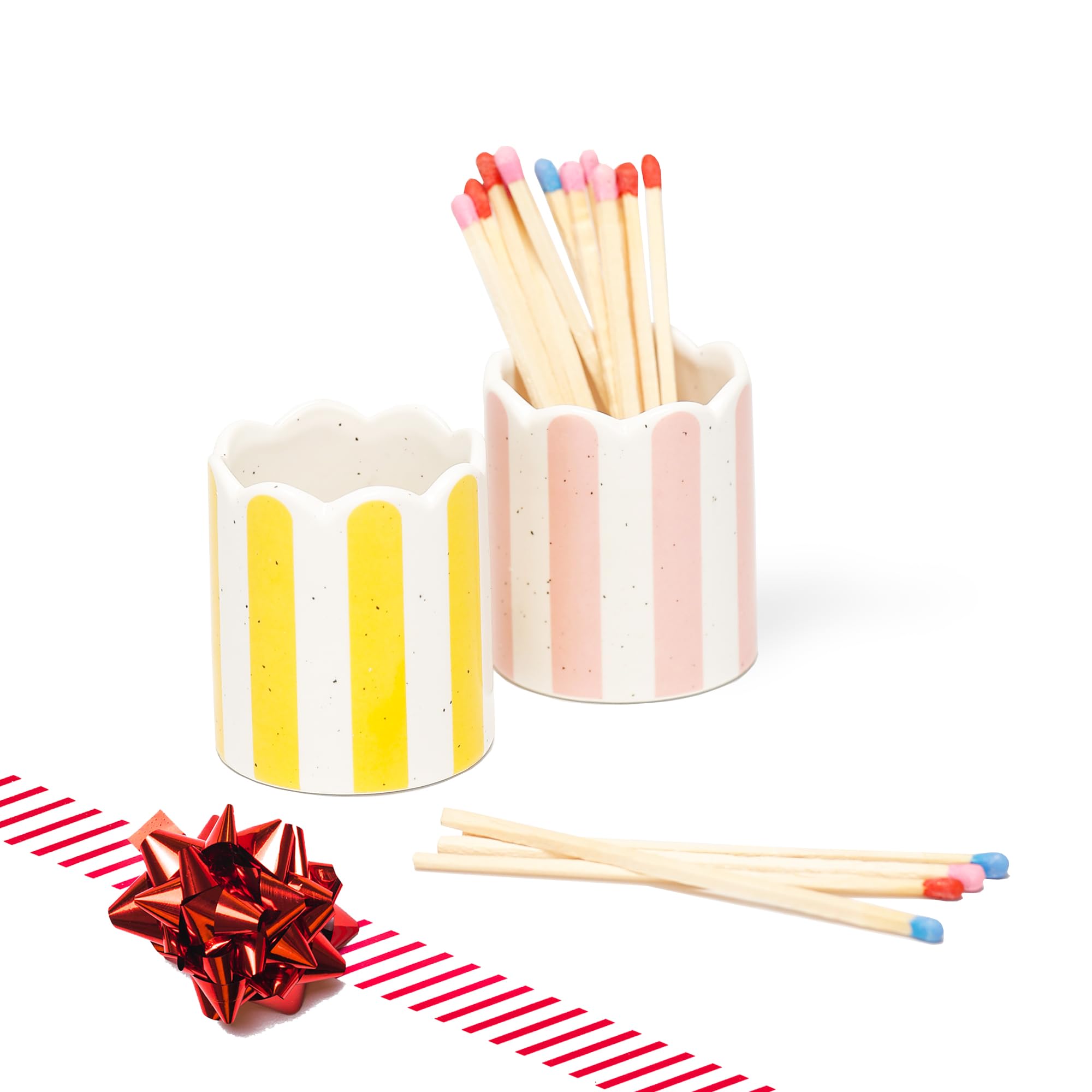 ZUHSAN 2 Pack Ceramic Match Holder with Striker – Scalloped Match Pot for Strike Anywhere Matches – Boho Decorative Matchstick Holder – Pink & Yellow – Candle Accessory (Matches Not Included)