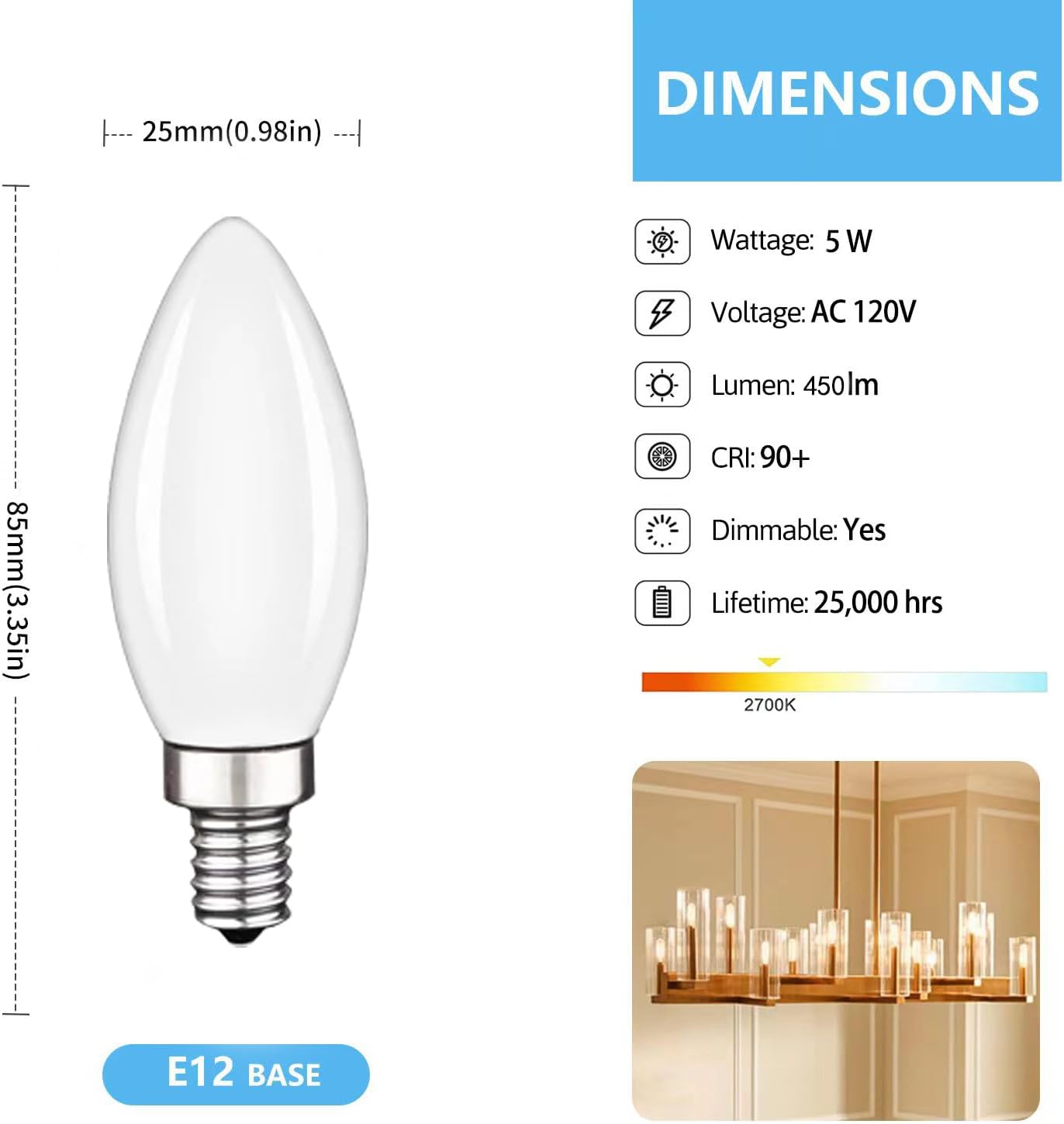 6Pack B11 E12 LED Candelabra Bulbs, 5W Equal 40 watt Edison Light Bulbs,Warm White 2700K Dimmable Candle Bulb for Chandeliers,Ceiling Fan,Pendant,Wall sconces 450LM Light Bulb Milky Glass.