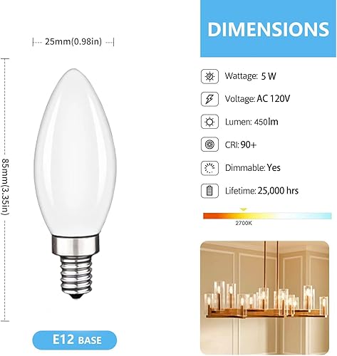Miniatura 2 de Bombillas LED regulables para candelabro, bombilla LED CRI90 B11 blanca cálida de 2700 K, equivalente a 5 W equivalente a bombillas de filamento LED