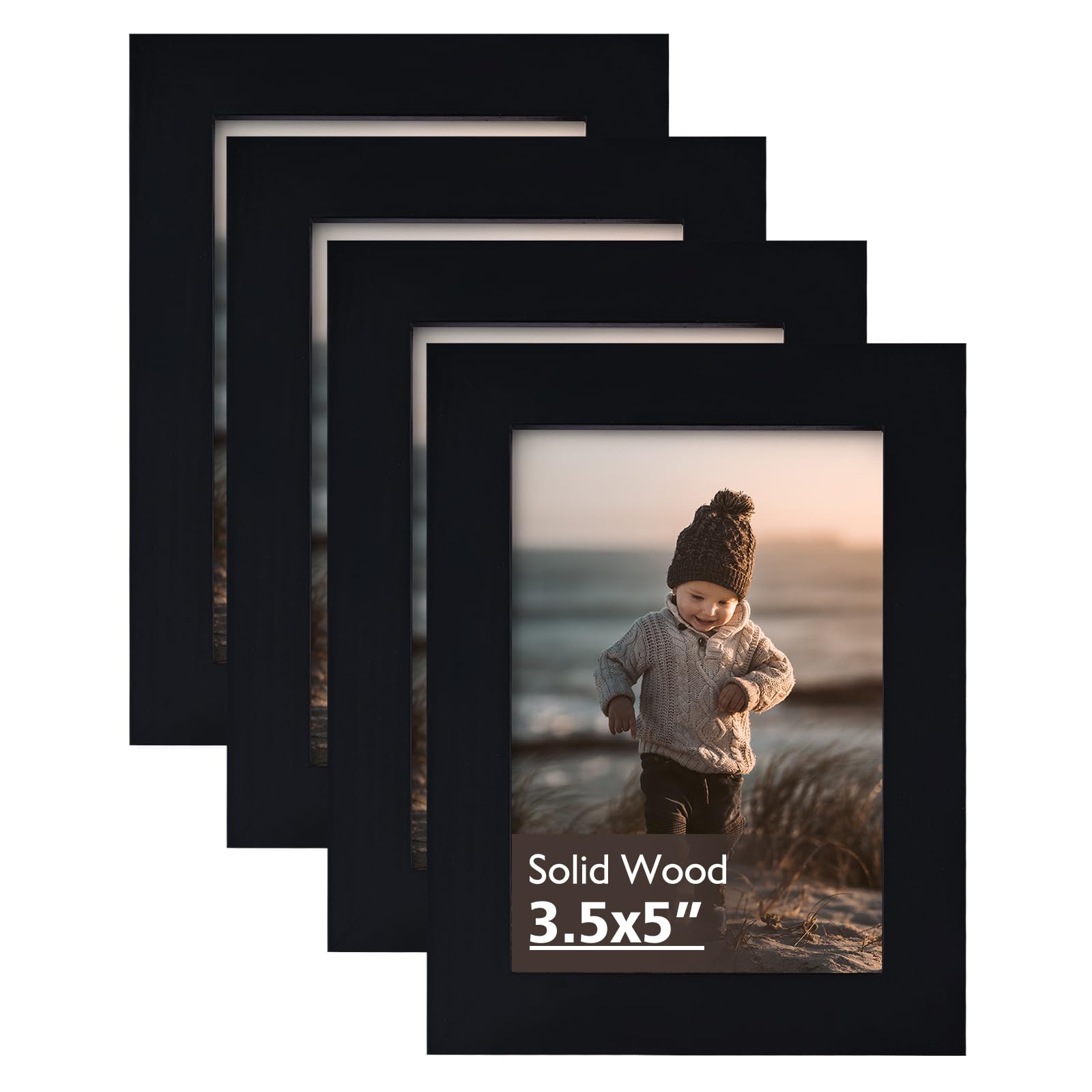 Photo 1 of KINLINK 3.5x5 Picture Frames Black, Solid Wood Frames with Plexiglass for Table Top and Wall Mounting, Photo Frames for Horizontal or Vertical Display, 4 Pack