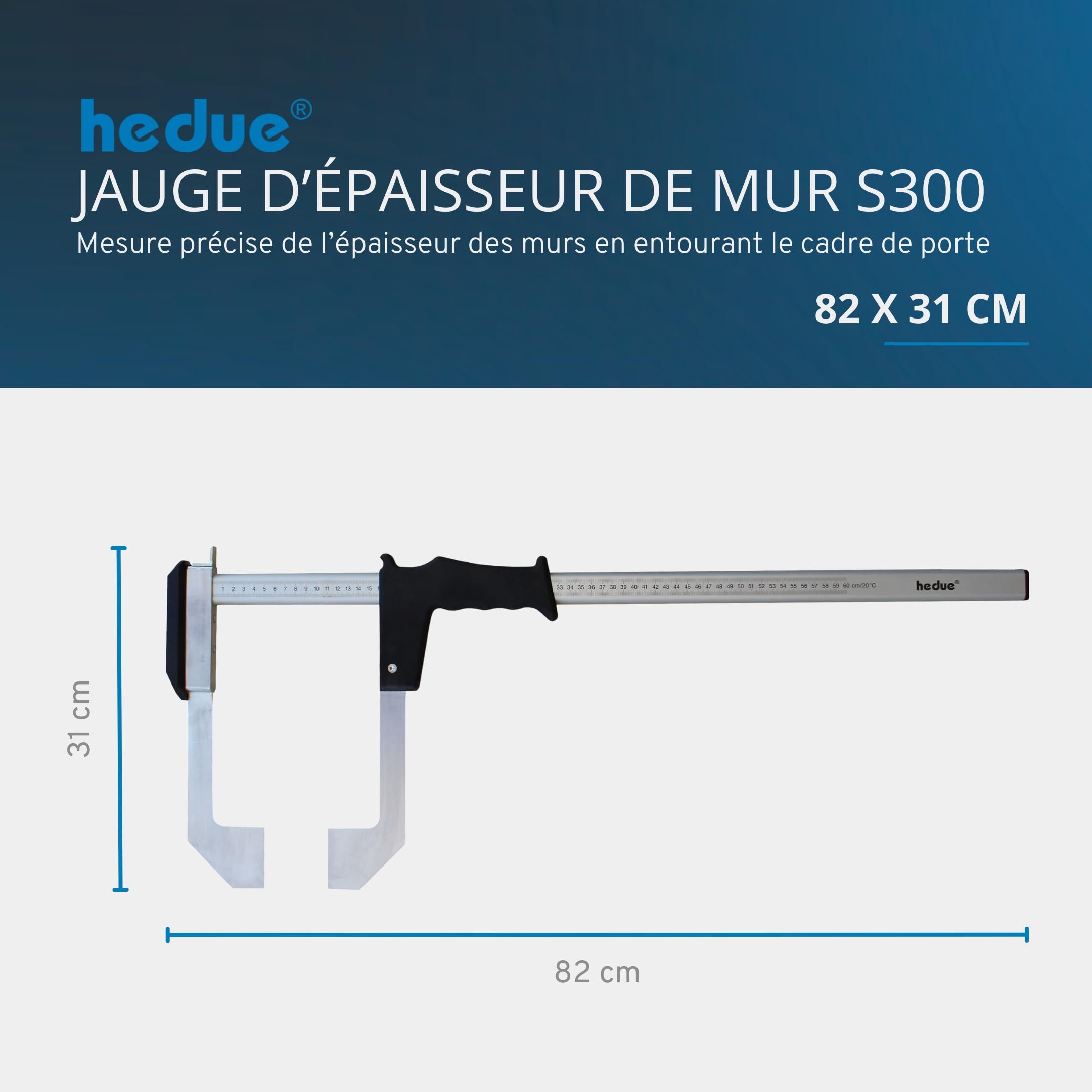 Jauge d’épaisseur de mur pour huisserie de porte S300 – Outil de mesure avec règle graduée millimétrée des deux côtés, 50 / 60 cm