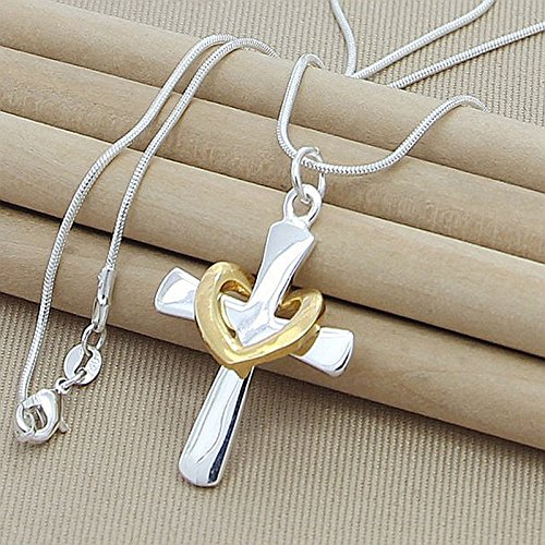 LNNSHX Collares de Plata de Ley, Collar de Plata 925, Colgante de Estrella de Moda, Collar de corazón con Cruz Redonda, Accesorios de joyería para Mujer, Regalo(8)