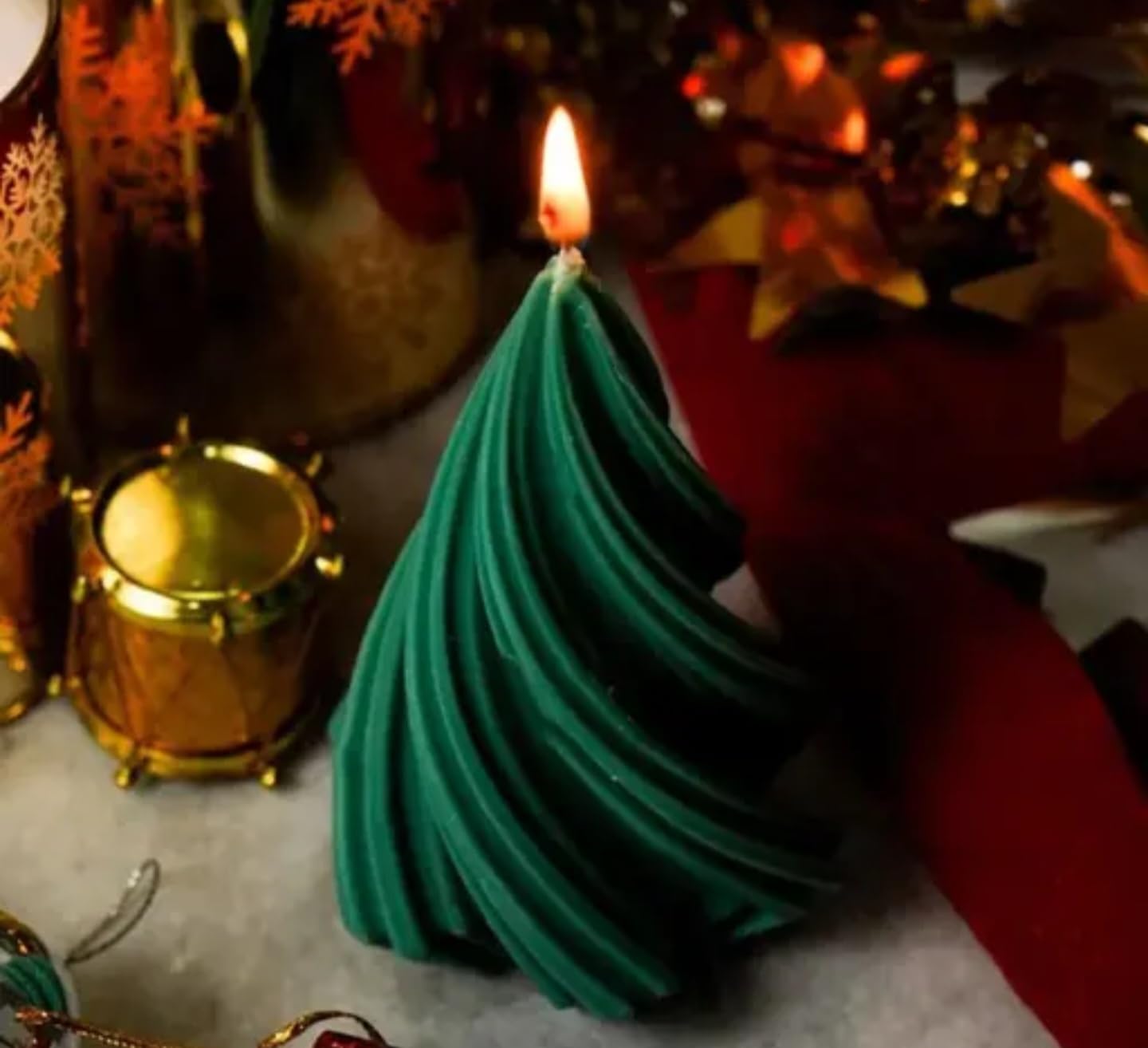 Decorative Christmas Tree Candle, Green Spiral Design, Holiday Home Decor