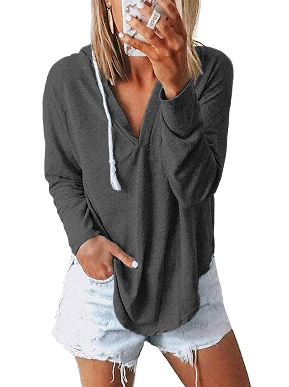 NEKOSI Womens Long Sleeve V Neck Hoodie Sweatshirts Lightweight Pullover Tops